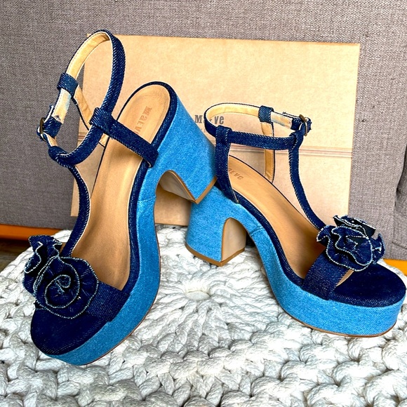 Maeve Shoes - Maeve Two-Tone Denim Platform Sandals with Rosette